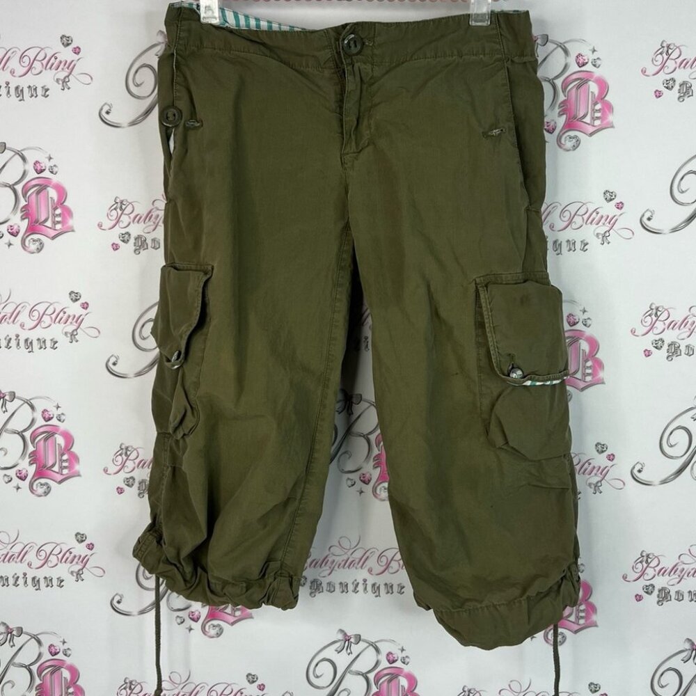 TNA cargo cropped pants pockets tie up strings logo buttons Olive Green Pants